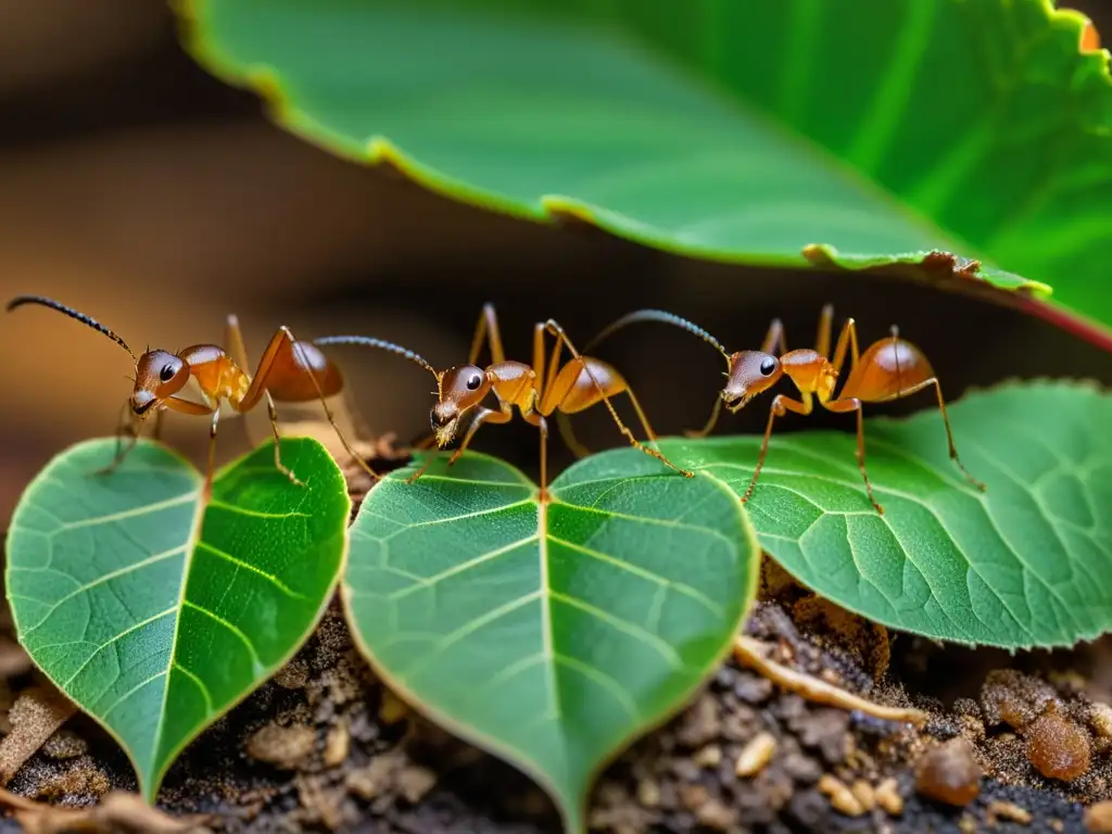 Un grupo de hormigas cortadoras de hojas camufladas meticulosamente realizando tácticas de camuflaje en insectos sociales