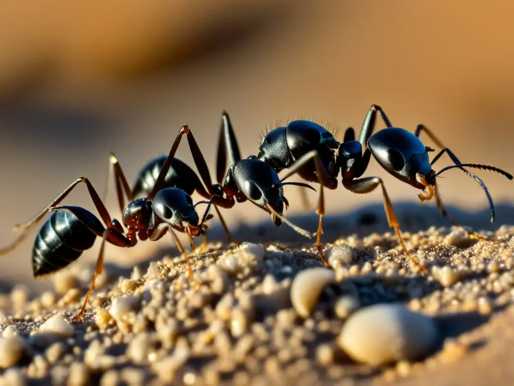 Un grupo de hormigas del desierto (Cataglyphis bicolor) transporta larvas y pupas en una duna de arena ardiente