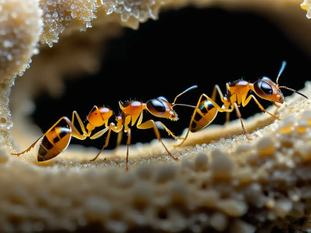 Un grupo de hormigas construyendo su formicario con meticulosidad, mostrando la complejidad y cuidado en la construcción del hábitat