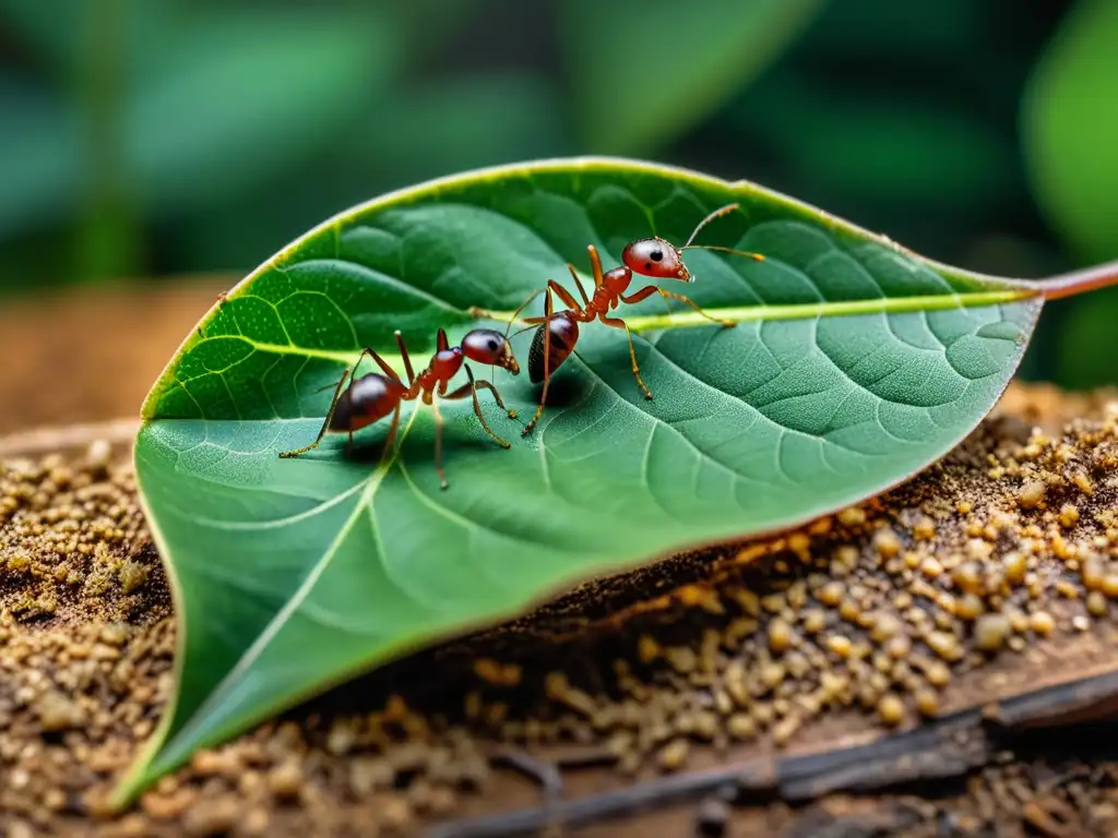 Un grupo de hormigas trabaja unidas para transportar una hoja por el suelo del bosque