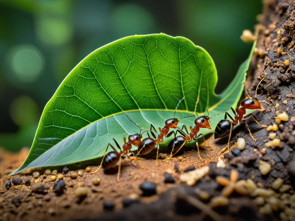 Un grupo de hormigas transporta una hoja en el suelo del bosque, mostrando su comportamiento social y evolución en un entorno natural