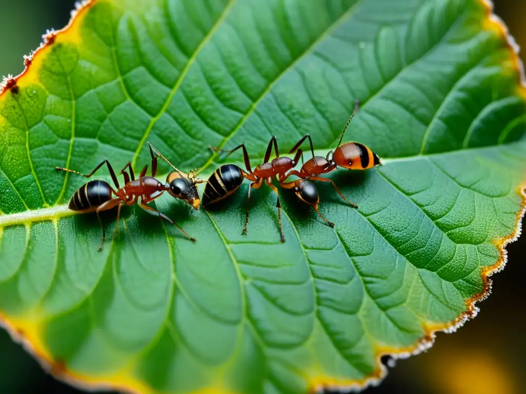 Un grupo de hormigas infectadas por esporas fúngicas, destacando la amenaza de enfermedades y parásitos en insectos