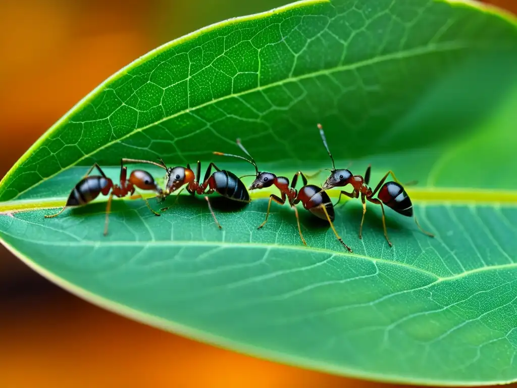 Grupo de hormigas interactuando con insectos simbióticos en una hoja