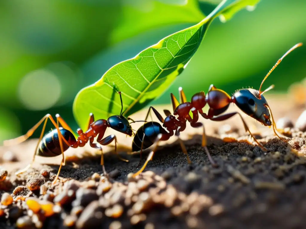 Un grupo de hormigas trabajando juntas para transportar comida, resaltando la importancia de la cooperación entre insectos