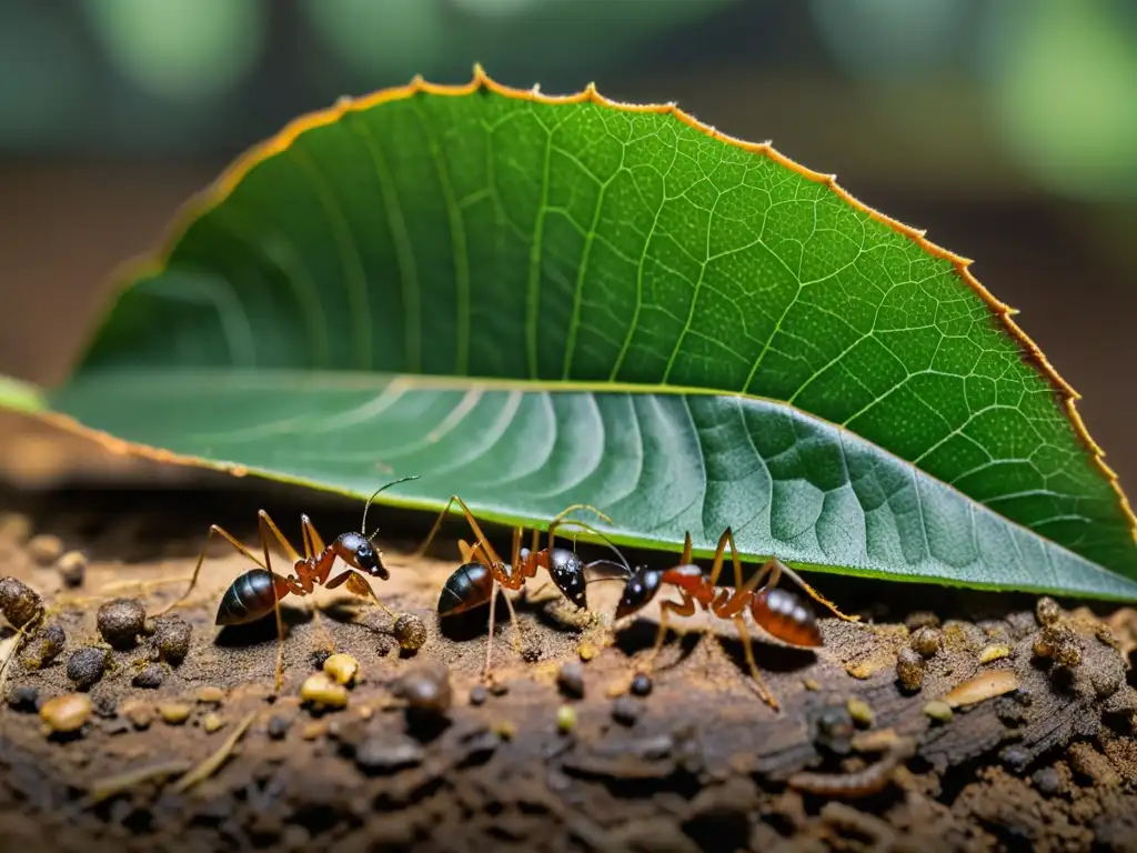 Un grupo de hormigas trabajando juntas para transportar una hoja en el suelo del bosque, destacando la ética en el mundo de los insectos