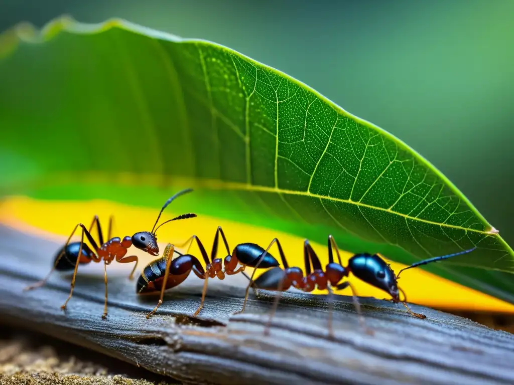 Un grupo de hormigas trabajando juntas para transportar una hoja gigante, revelando los secretos del comportamiento insectil