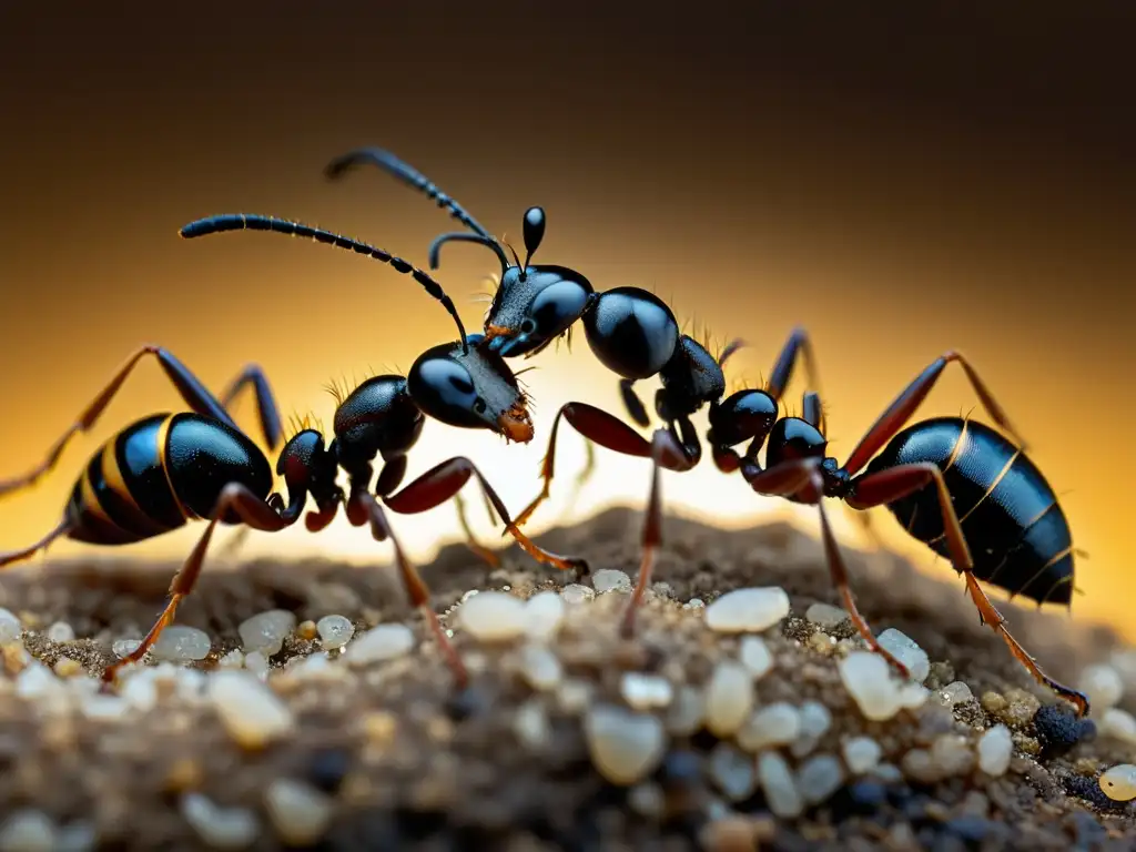 Un grupo de hormigas obreras colabora para transportar comida a su colmena