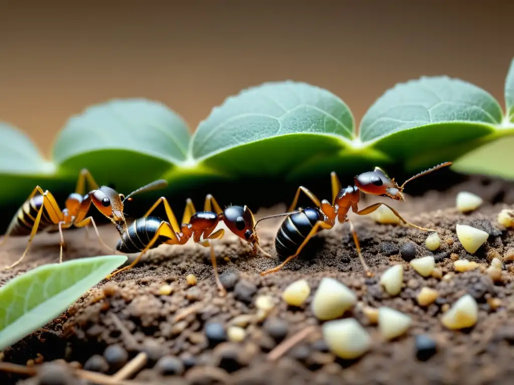 Un grupo de hormigas trabajadoras transporta minúsculos pedazos de hojas y ramitas a su hormiguero subterráneo con meticulosidad