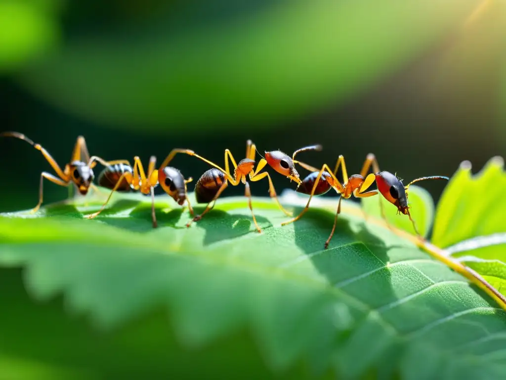 Un grupo de hormigas transportando trozos de hoja en un entorno exuberante, detallando su comportamiento y teamwork