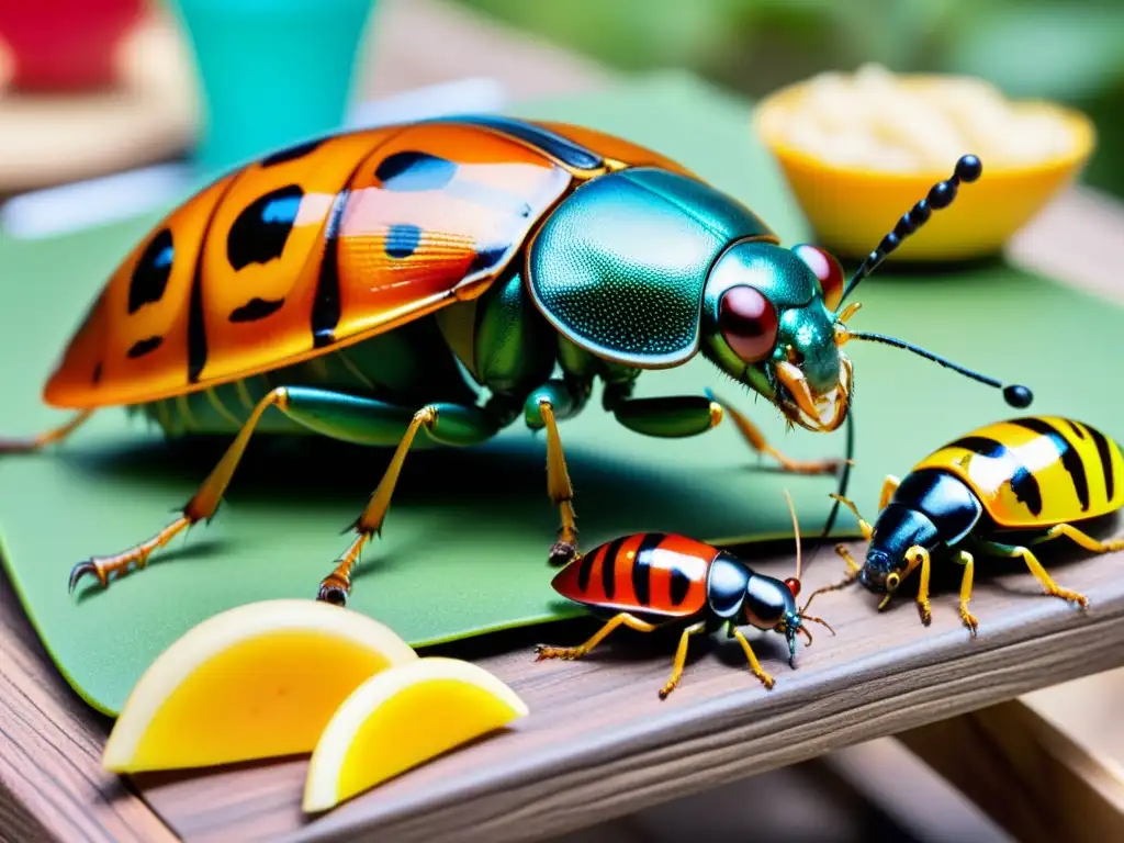 Grupo de insectos animados con sombreros y gafas de sol, disfrutando de una mesa de picnic con comida gigante