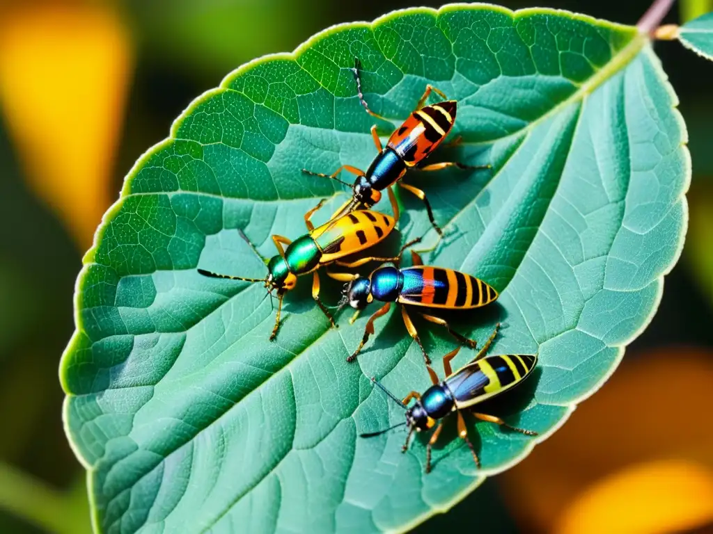 Un grupo de insectos coloridos como escarabajos, hormigas y saltamontes en hojas verdes vibrantes