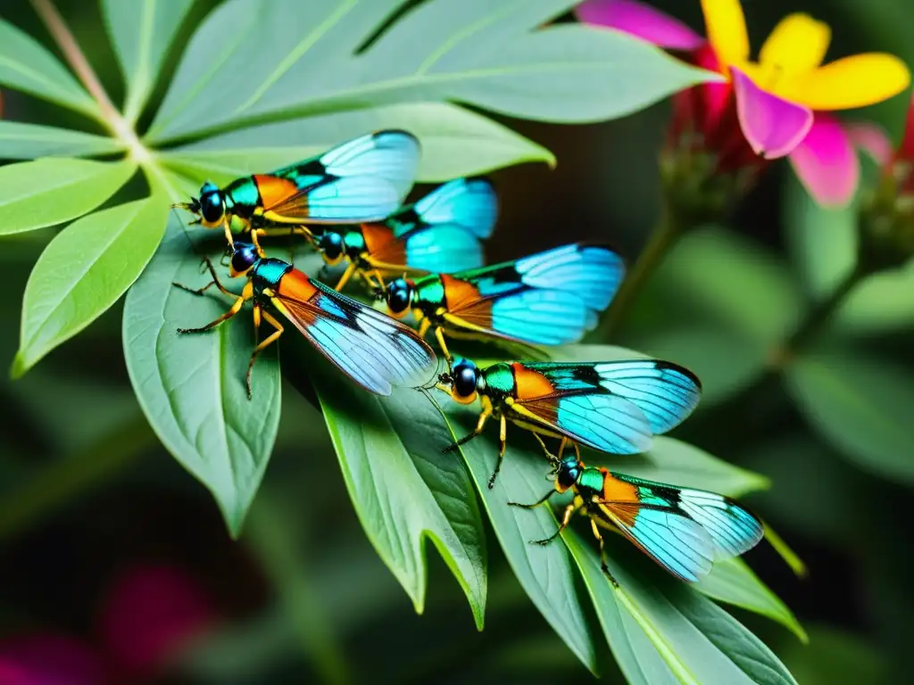 Grupo de insectos coloridos en plantas prebióticas, resaltando la conexión natural entre insectos y prebióticos naturales en suplementos de insectos