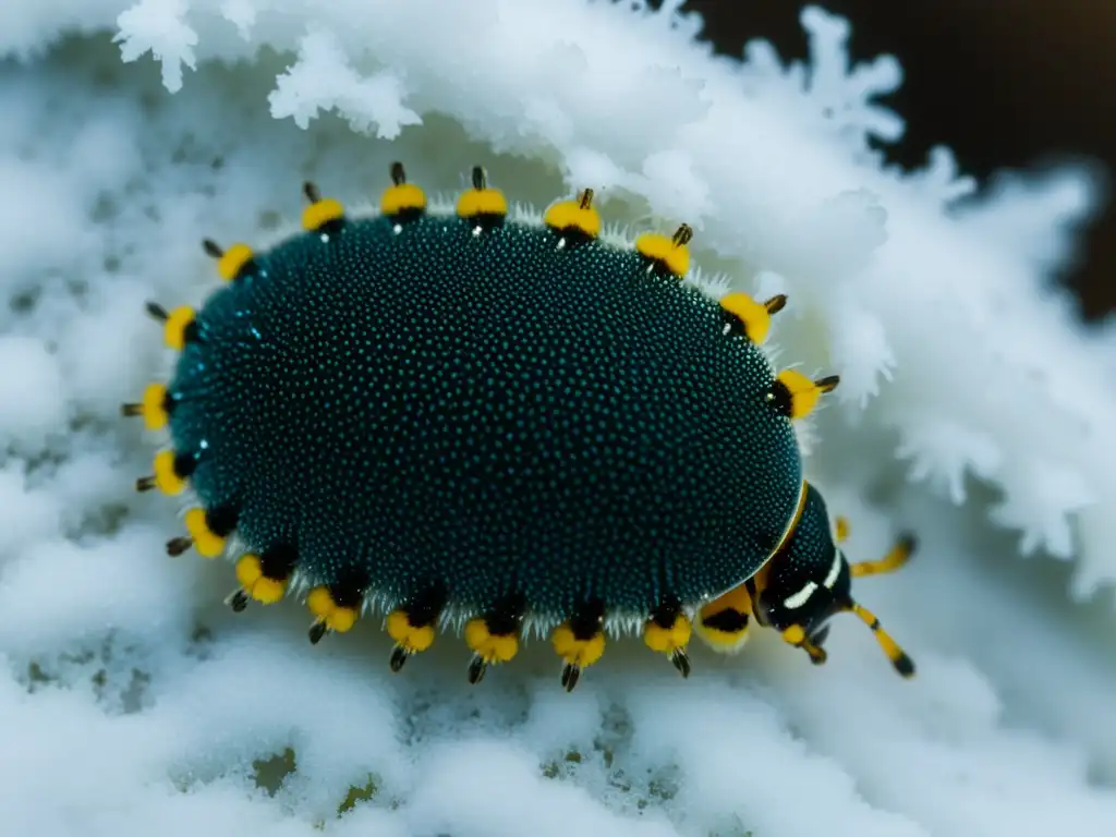 Grupo de insectos estrategias alimentación invierno frío, snow fleas buscando algas en tronco nevado