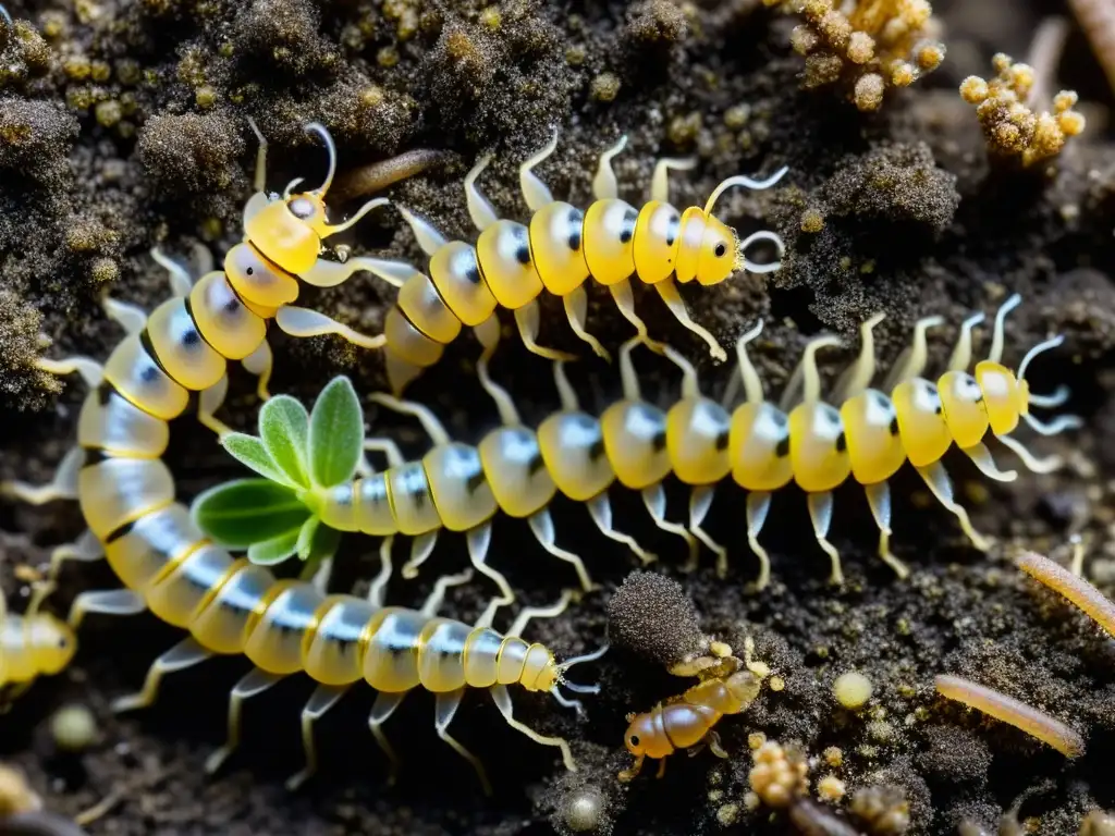 Un grupo de larvas se arrastra entre abonos orgánicos, descomponiendo materia orgánica