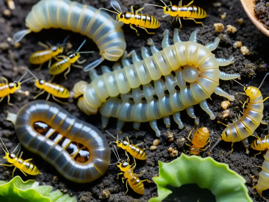 Grupo de larvas en diferentes etapas de descomposición de residuos orgánicos en instalación para manejo sostenible de residuos, mostrando relación con tecnología avanzada