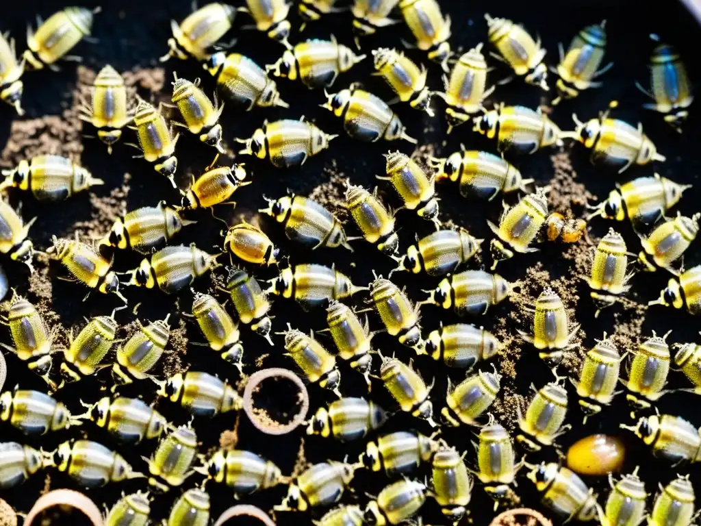 Un grupo de larvas de mosca soldado negro trabajando diligentemente para descomponer desechos orgánicos en un contenedor de compostaje, destacando la eficiencia de la gestión de desechos con insectos