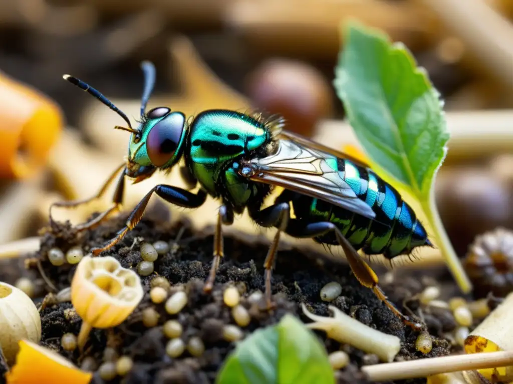 Grupo de larvas de mosca soldado negra gestionando desechos orgánicos con eficiencia, resaltando la asombrosa textura y movimiento de los insectos