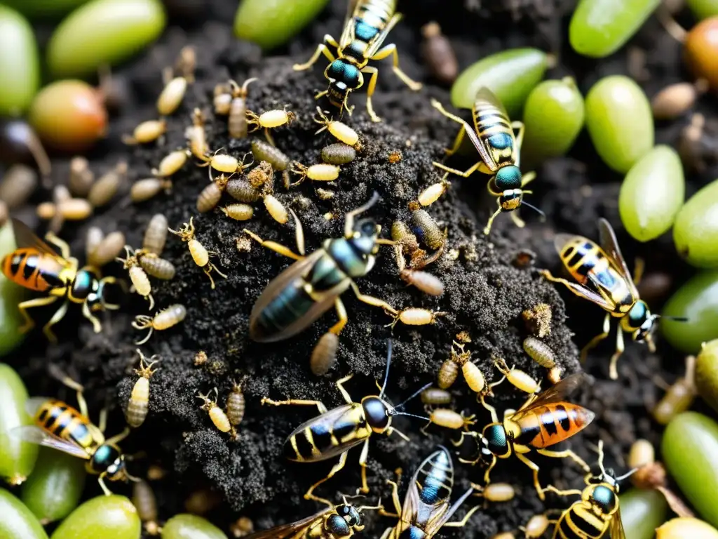 Un grupo de larvas de mosca soldado negras se arrastra por un montón de residuos orgánicos, descomponiendo material