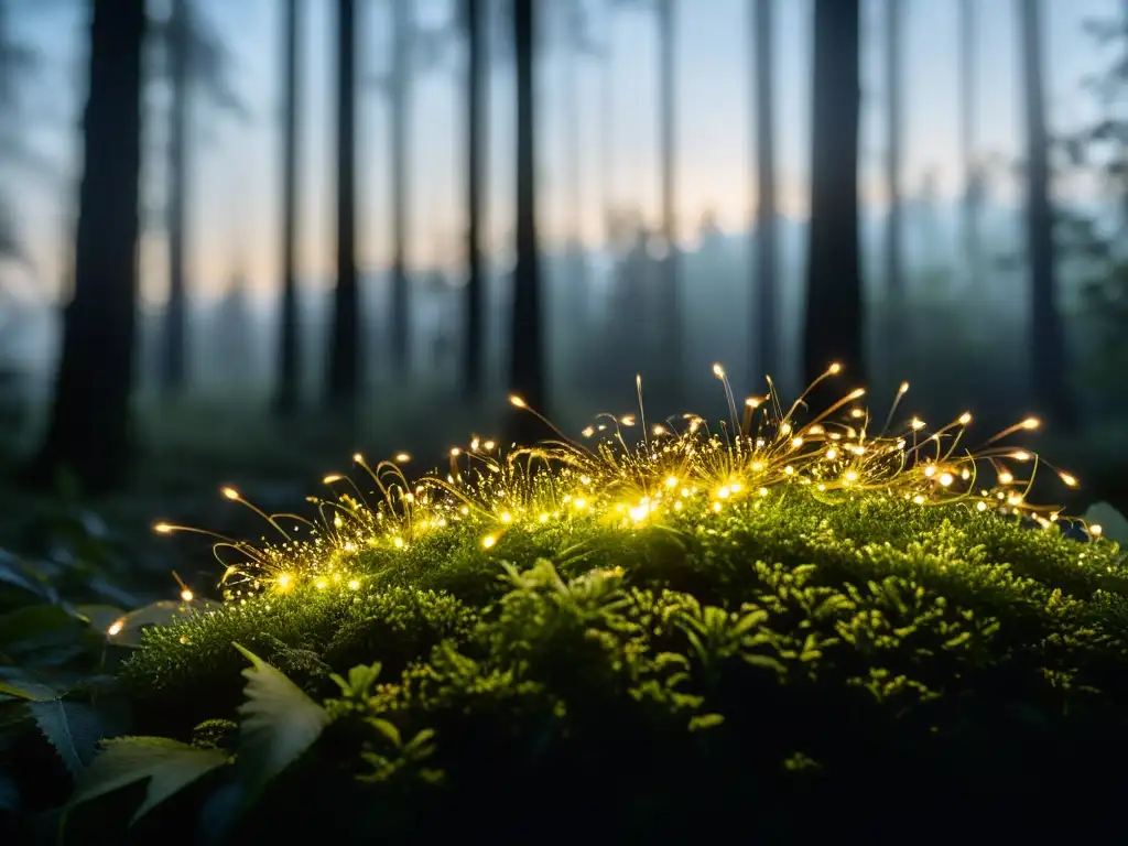 Grupo de luciérnagas iluminando un bosque oscuro, capturando la belleza de la observación de insectos nocturnos