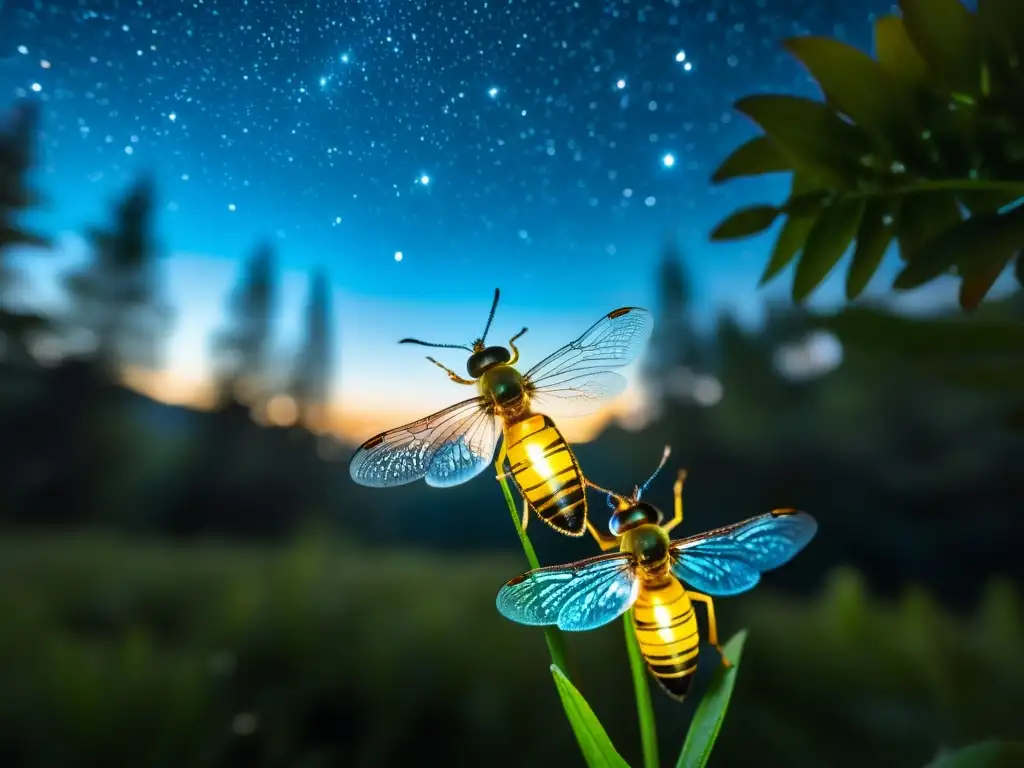 Un grupo de luciérnagas iluminando la noche con su resplandor bioluminiscente