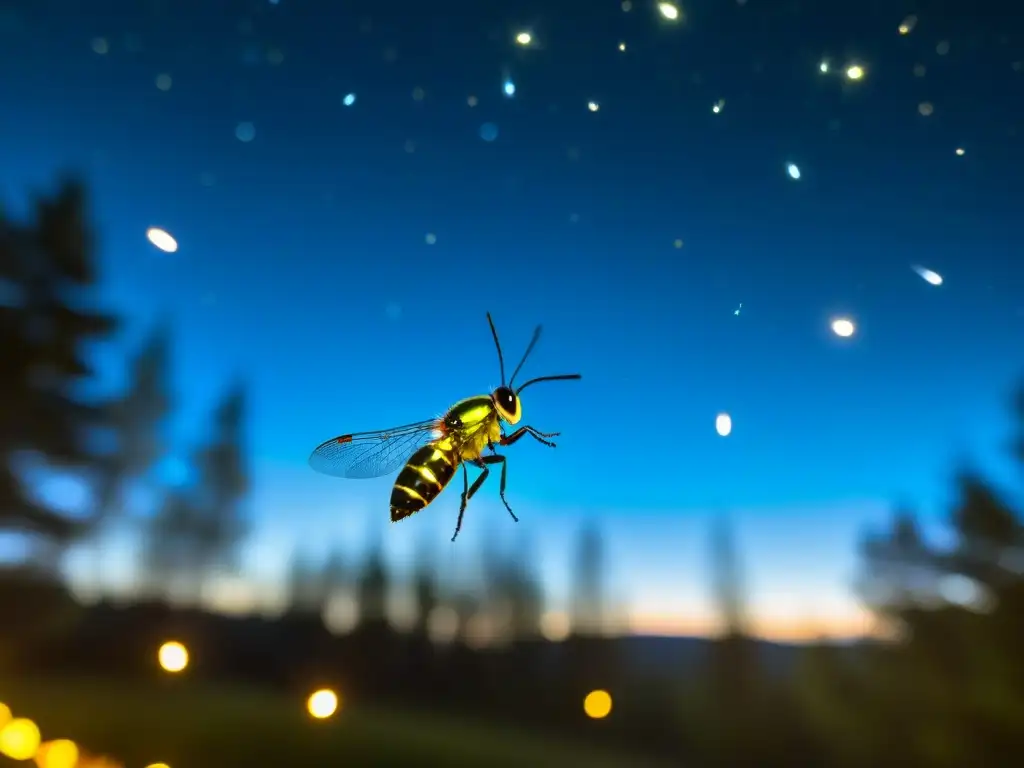 Un grupo de luciérnagas sincronizadas emiten destellos bioluminiscentes en la oscuridad de la noche, capturando la esencia de la evolución de los patrones de comportamiento temporal en insectos