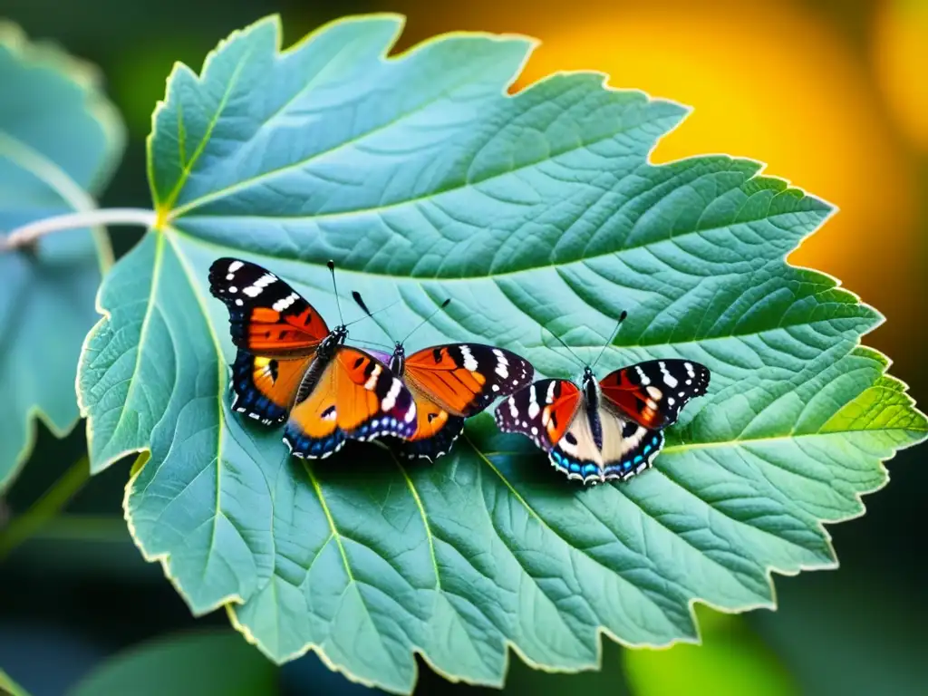 Un grupo de mariposas coloridas y detalladas descansan en una hoja verde