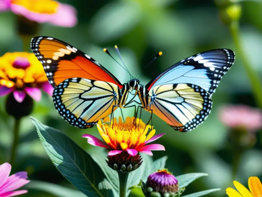 Un grupo de mariposas coloridas en vibrantes flores, con detalle asombroso