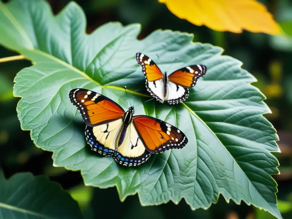 Grupo de mariposas migratorias descansando en una hoja verde vibrante, con detalles de sus delicadas alas y antenas