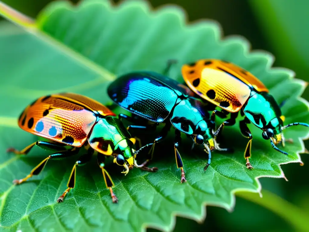 Un grupo de microorganismos insectos de colores vibrantes se desplaza sobre una hoja, mostrando su belleza y beneficios para la salud intestinal