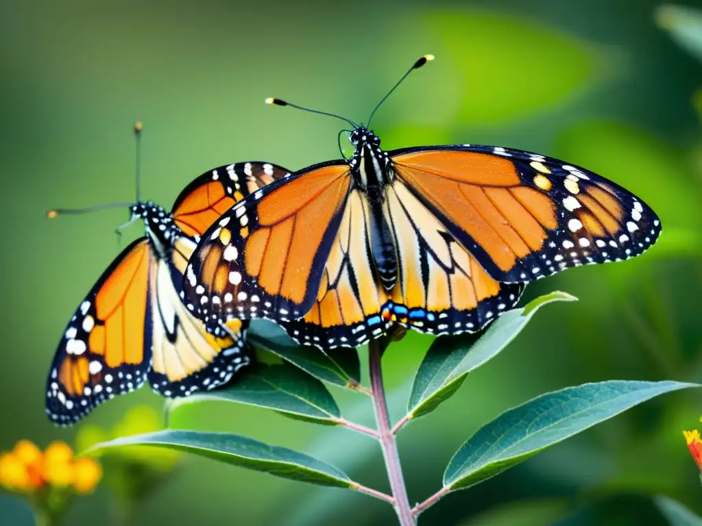 Grupo de mariposas monarca en planta de algodoncillo naranja