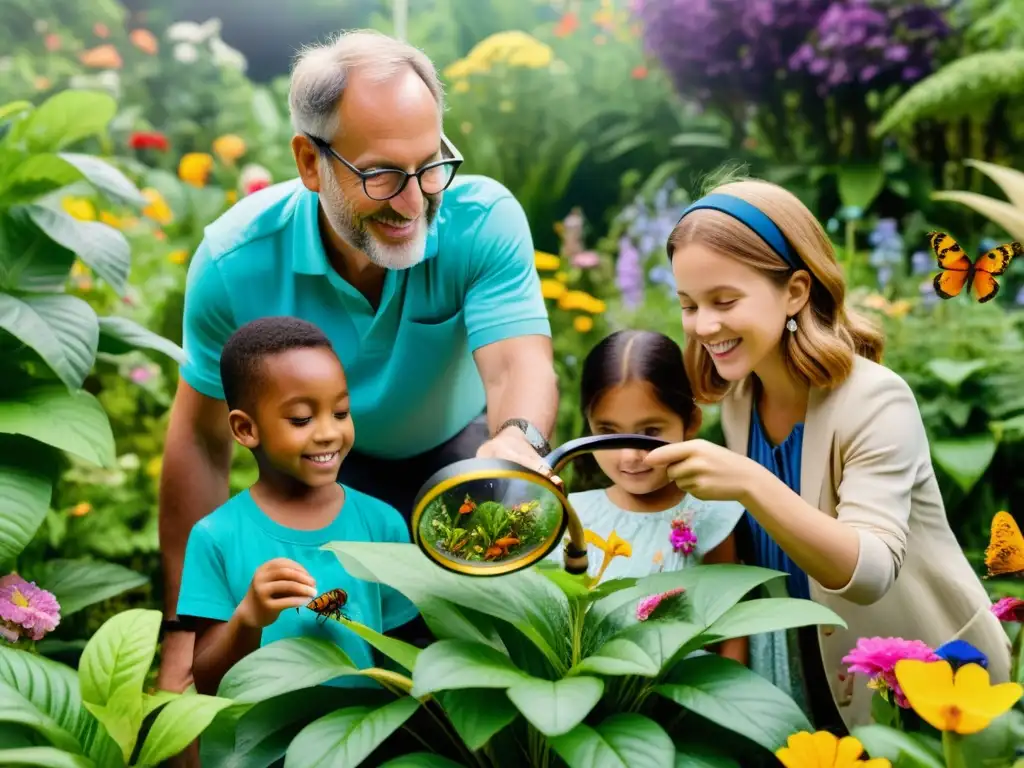 Un grupo de niños con lupa explorando un jardín vibrante lleno de flores y insectos