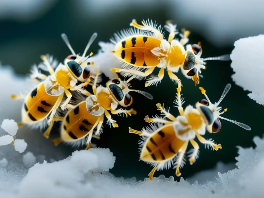 Grupo de pulgas de nieve (Hypogastrura harveyi) en detallada imagen, mostrando estrategias de insectos para resistir frío en paisaje helado