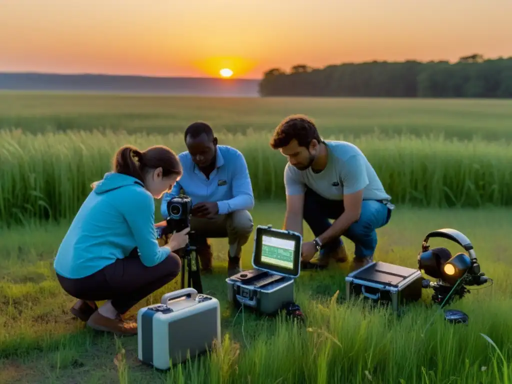 Grupo de voluntarios grabando cantos de insectos al atardecer en un campo