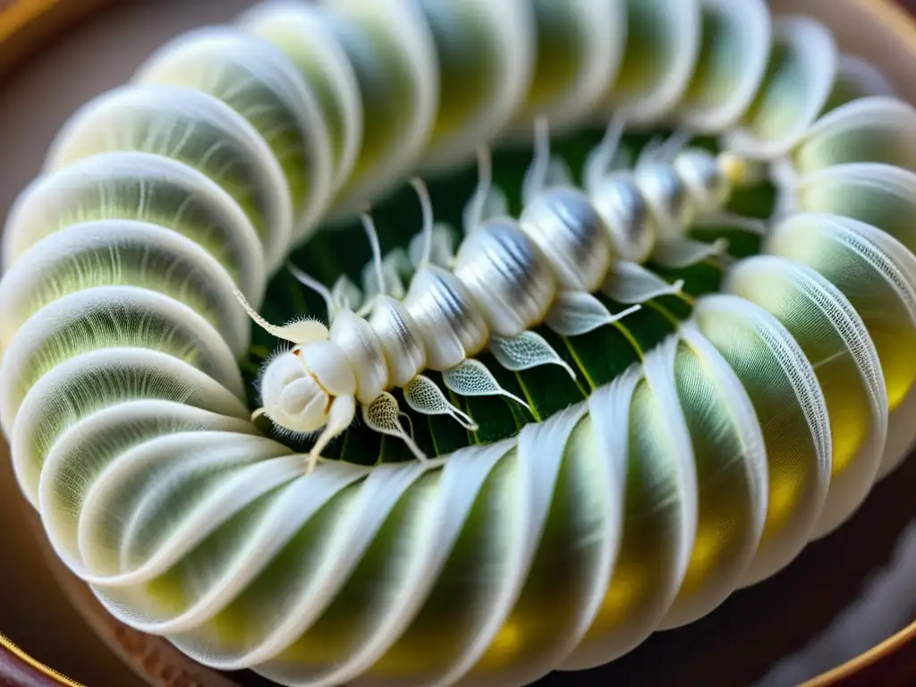 Un gusano de seda tejiendo su capullo, resaltando la belleza natural y la complejidad del proceso de producción de seda para aplicaciones biomédicas