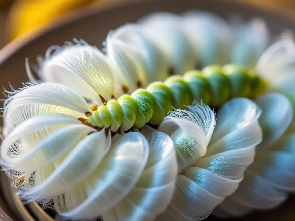 Un gusano de seda teje su capullo con delicadas hebras brillantes, mostrando la belleza natural y el proceso artesanal de producción de seda