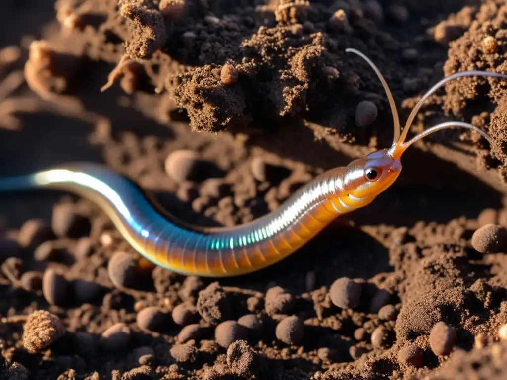 Un gusano de tierra sano se desplaza a través de un suelo fértil, rodeado de insectos beneficiosos para suelos saludables