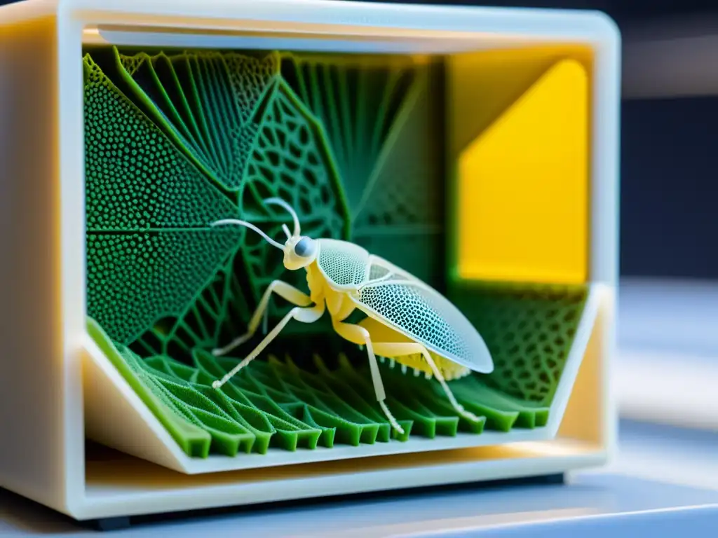 Un hábitat artificial para insectos en 3D, con patrones geométricos intrincados y texturas detalladas, donde los insectos exploran