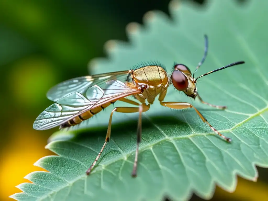 Una hembra de mosca de la arena (Phlebotomus perniciosus) reposa en el borde de una hoja, con sus alas traslúcidas extendidas