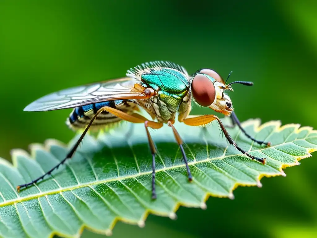 Una hembra de mosca de la arena (Phlebotomus) detallada, mostrando sus alas, patas peludas y probóscide, lista para alimentarse