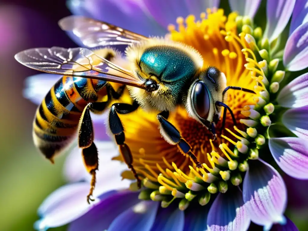 Detalles asombrosos: Abeja cubierta de polen junto a una flor vibrante Una hermosa abeja cubierta de polen se posa en una flor vibrante, resaltando la importancia de la polinización de los insectos en los ecosistemas