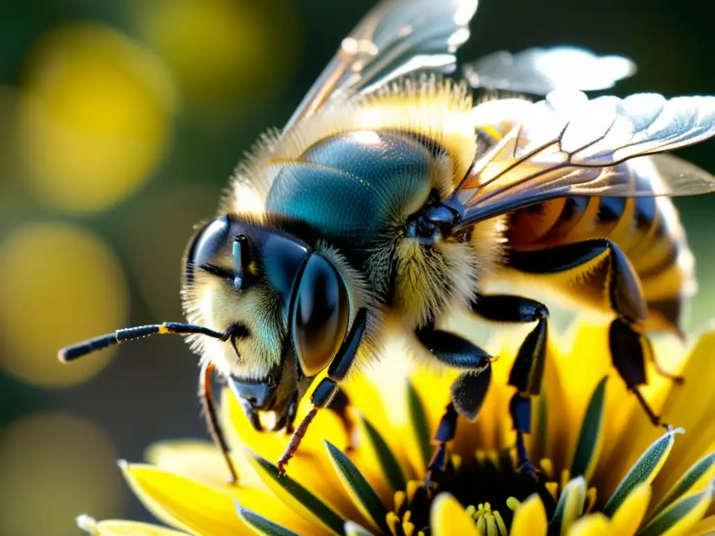 Hermosa abeja cubierta de polen amarillo, con detalles intrincados de su cuerpo peludo y alas delicadas