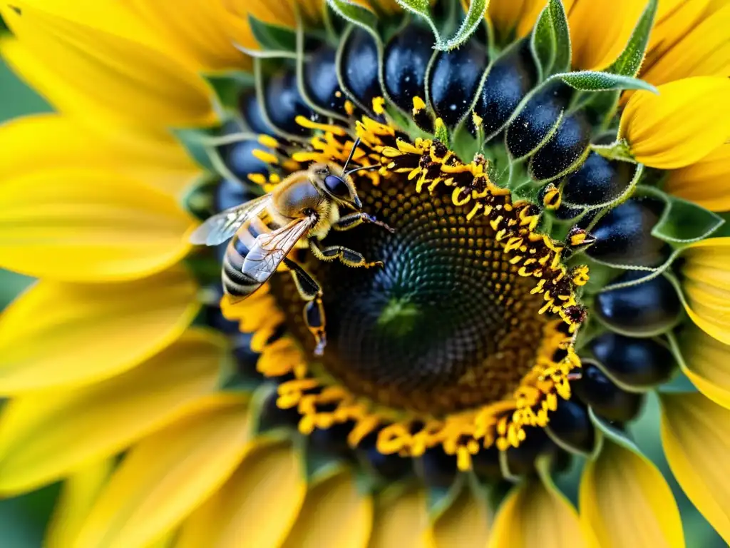 Una hermosa abeja recolectando néctar en un girasol, destacando los beneficios de la apiterapia para la salud