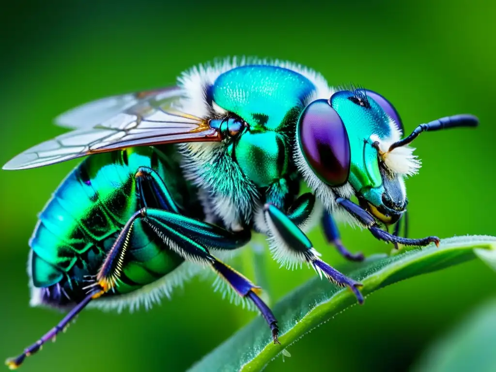 Una hermosa abeja orquídea metálica verde vibrante (Euglossa dilemma) sobre una flor de orquídea morada