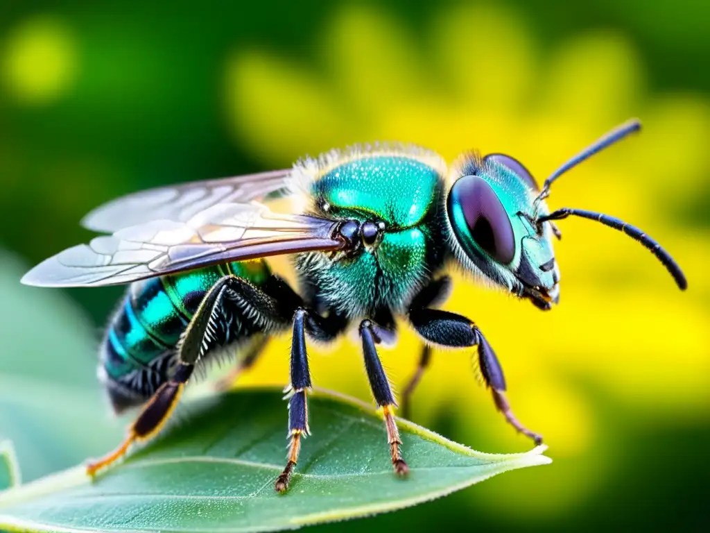 Una hermosa abeja sudor metálica verde sobre una flor amarilla, destacando la belleza del insecto amenazado