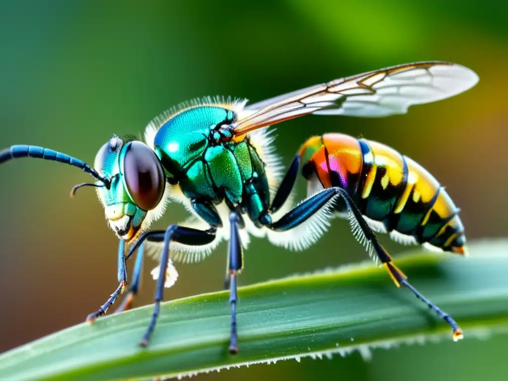 Una hermosa avispa parasitoide descansa en el tallo de una planta, con sus alas irisadas captando la luz del sol