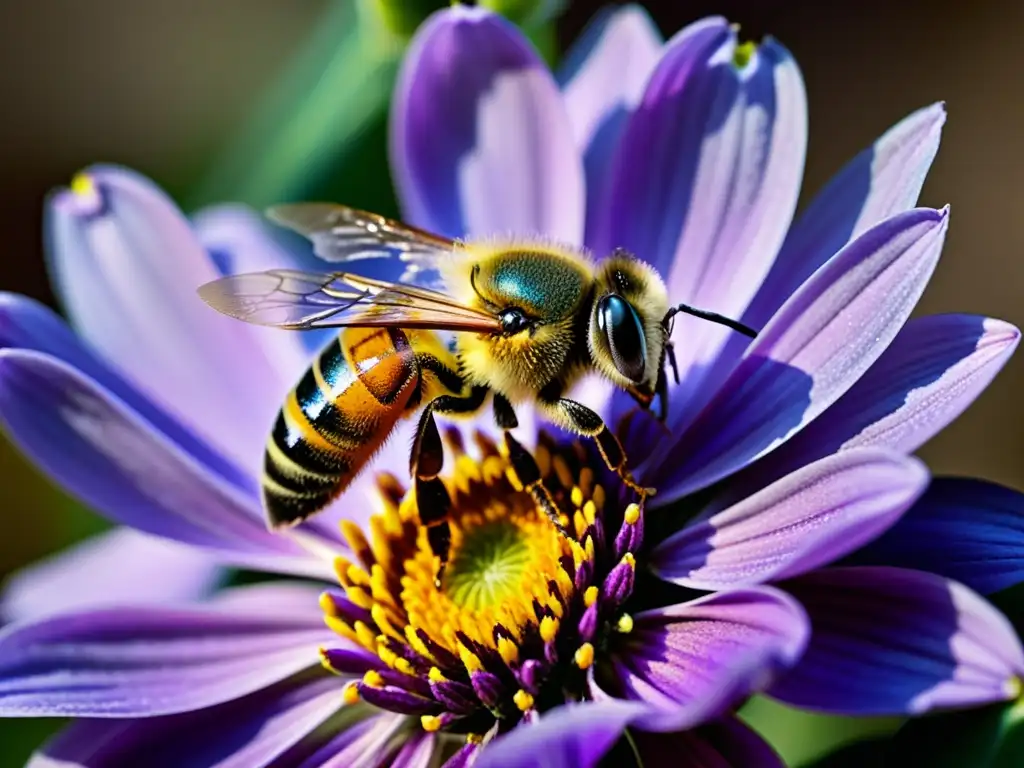 Una hermosa escena de una abeja recolectando néctar de una flor morada, destacando la experimentación sonora con insectos en música