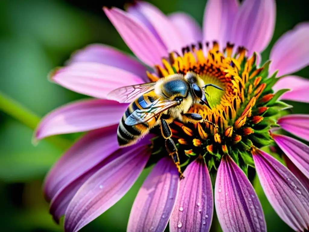 Una hermosa escena macro con una abeja cubierta de polen en una flor morada, capturando los beneficios de la apiterapia para la salud