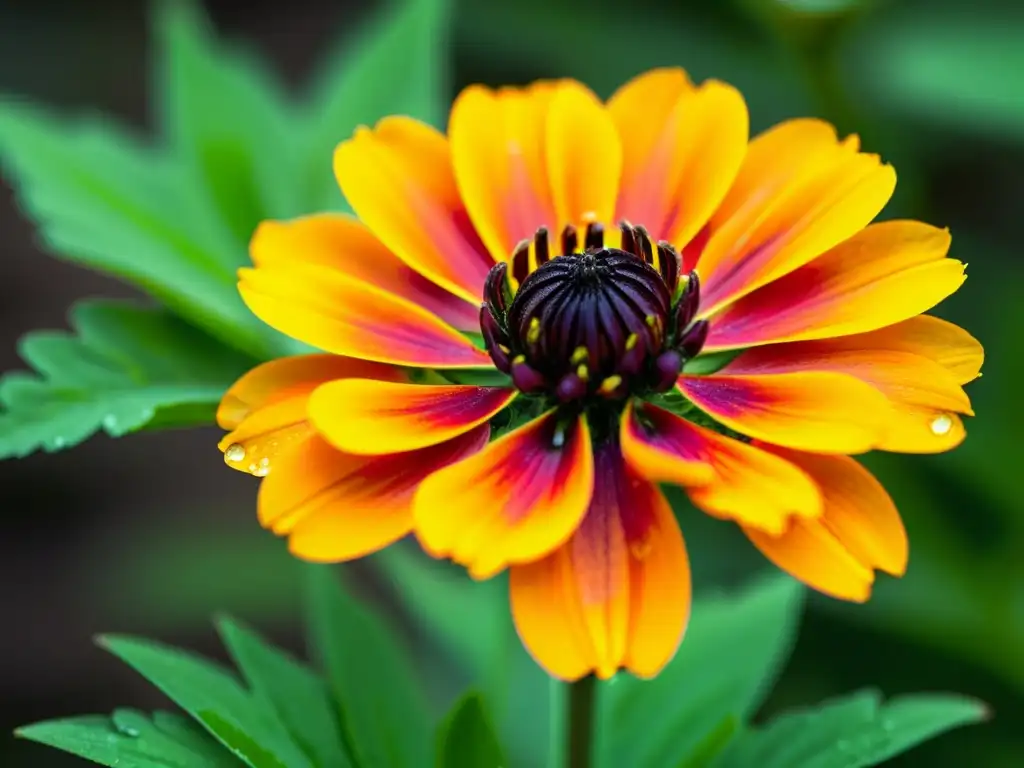 Una hermosa flor de caléndula con pétalos anaranjados y hojas verdes, resaltando su belleza natural