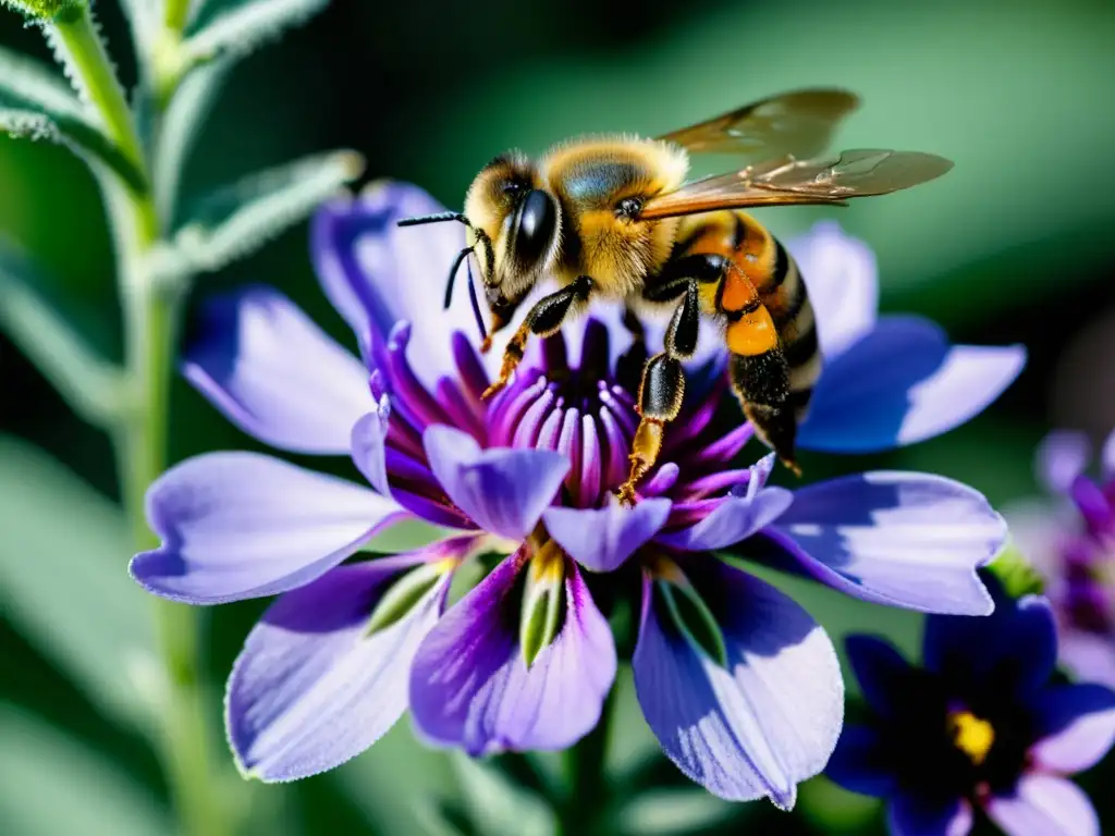 Una hermosa flor de lavanda morada con un abeja recolectando néctar en su centro