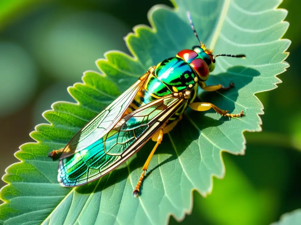 Una hermosa imagen detallada de una cigarra posada en una hoja verde vibrante, con sus alas e iridiscente exoesqueleto en primer plano